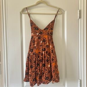 Free People Orange Mini Sundress with V-Neck Spaghetti Straps